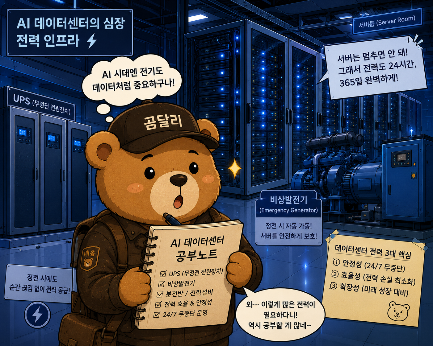"AI 데이터센터 UPS 무정전전원장치와 비상발전기 앞에서 공부하는 곰따리 배달기사 캐릭터"