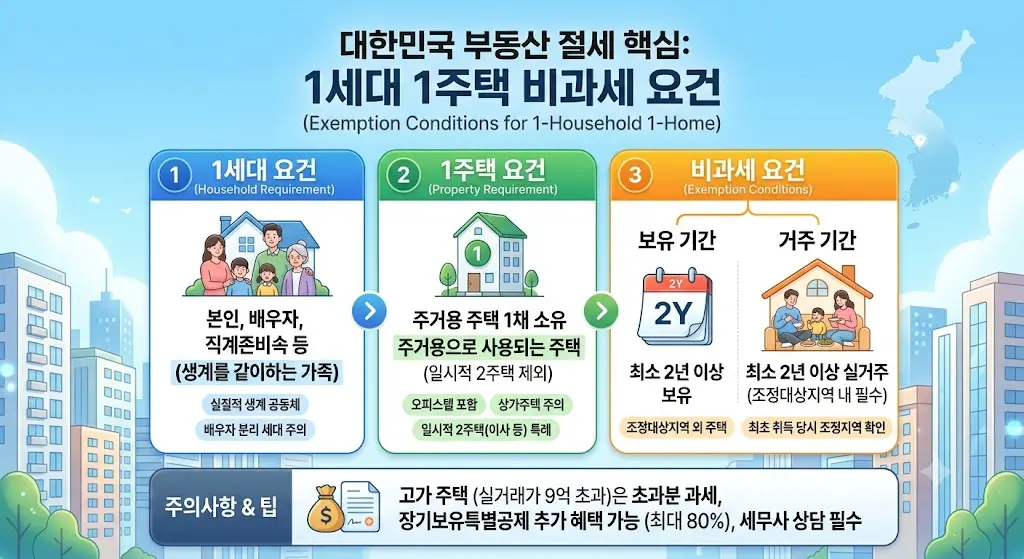 대한민국 1세대 1주택 비과세 요건 3가지 — 1세대 요건·1주택 요건·미과세 요건 인포그래픽