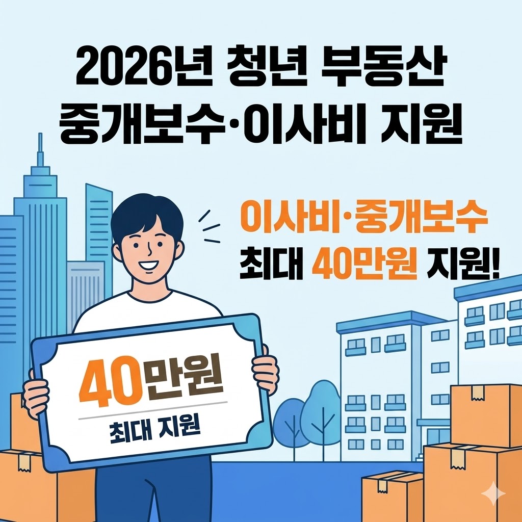 2026년 청년 부동산 중개보수·이사비 지원사업 썸네일 이미지. 환하게 웃는 청년이 '40만 원 최대 지원' 문구가 적힌 팻말을 들고 있으며, 이삿짐 상자와 아파트 배경과 함께 '이사비·중개보수 최대 40만원 지원!'이라는 핵심 혜택이 강조되어 있습니다.