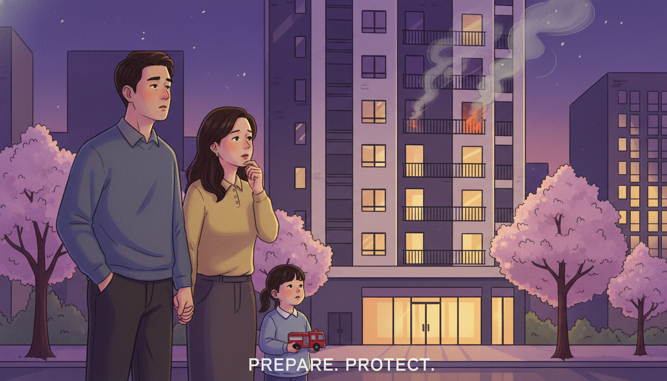 부산 해운대 아파트 화재를 보며 걱정하는 가족의 모습, 화재 보험의 중요성을 상징함