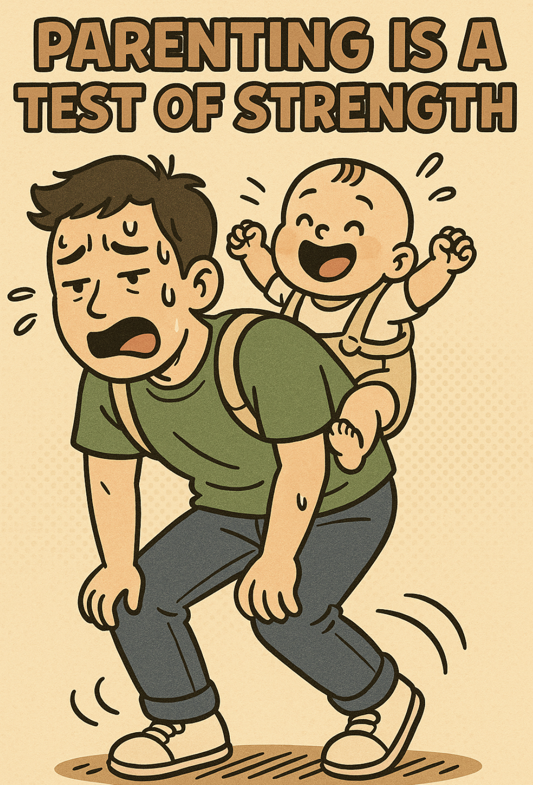 아이를 업고 육아에 지친 아빠의 모습