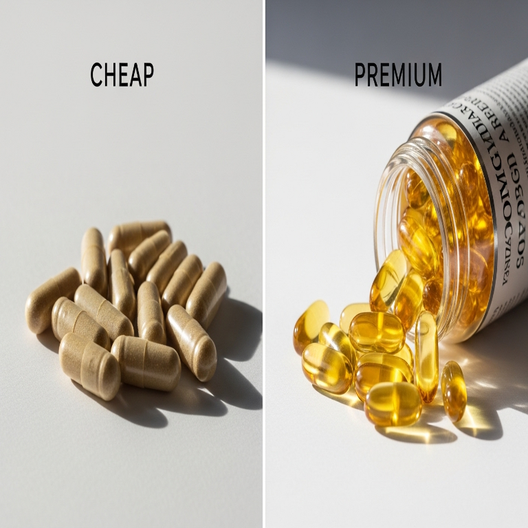 오메가 3 고가 제품과 저가 제품의 비교 모습