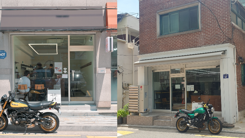 노란색 오토바이가 앞에 있는 증가로 커피, 초록색 오토바이가 있는 증가로 커피공방