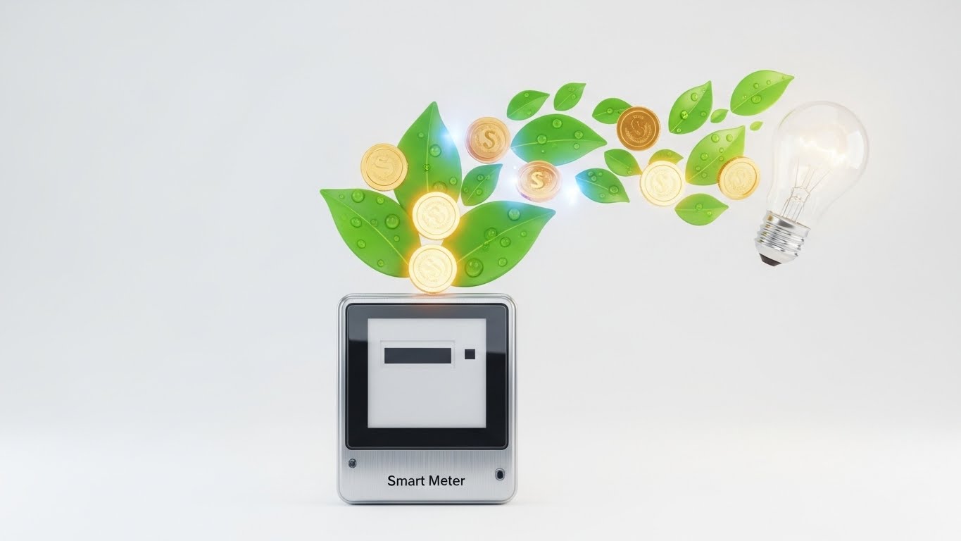 에너지 절약이 경제적 환급으로 이어지는 과정을 표현한 친환경 테크 그래픽