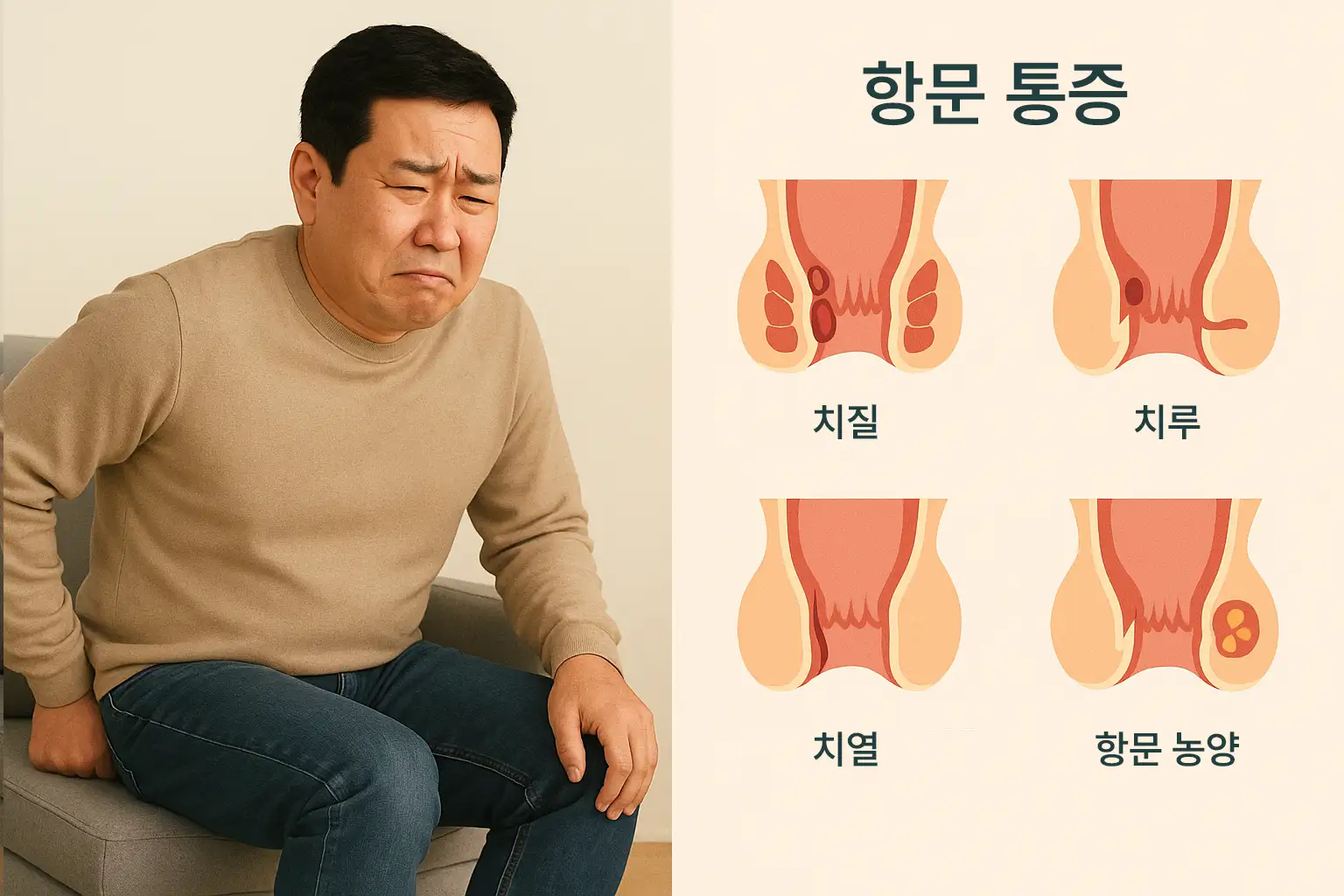 항문 부위를 불편해하는 표정의 중년 남성이 조심스럽게 앉는 장면, 치질, 치열, 치루, 항문 농양 등의 다양한 항문 통증 원인
