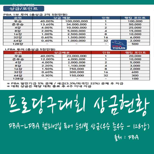 프로당구대회 PBA LPBA 챔피언십 투어 대회 상금 현황
