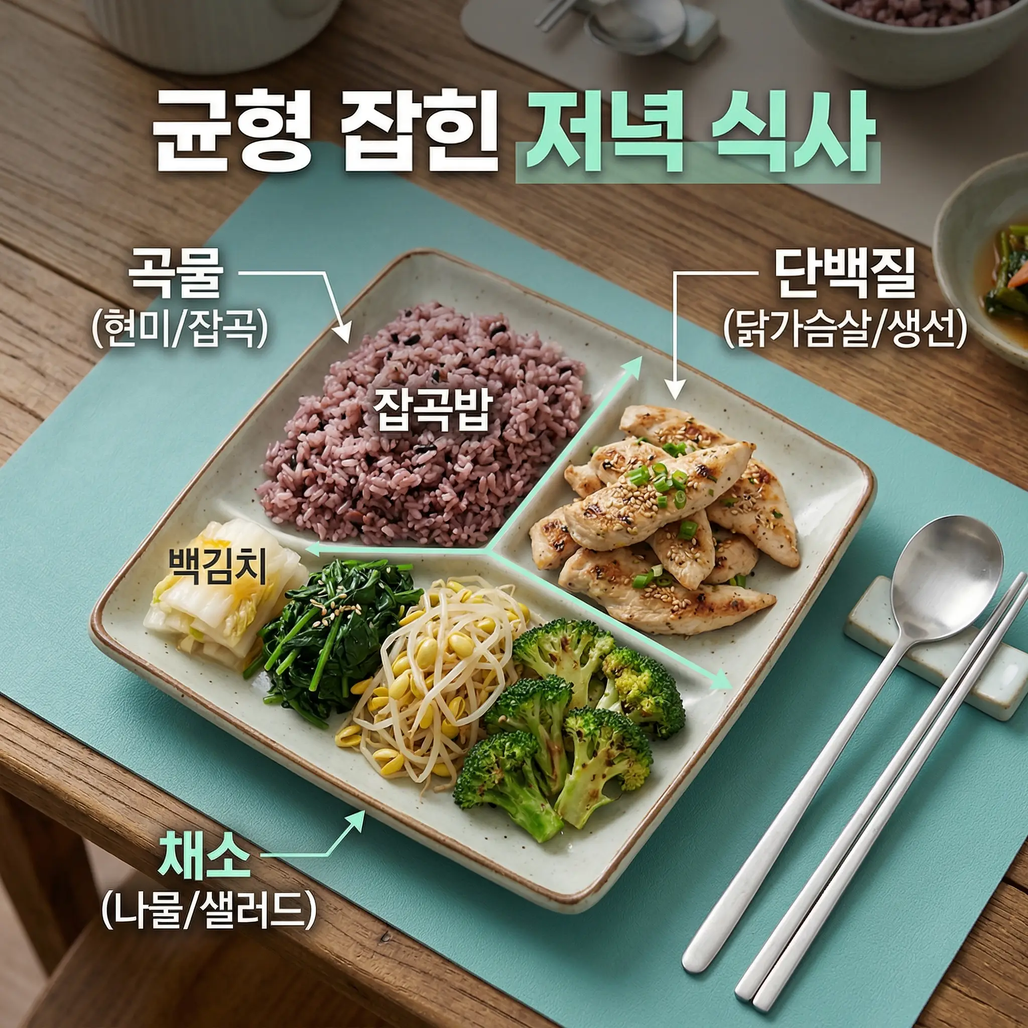 혈당 관리 저녁 식사에서 균형 잡힌 접시 구성을 보여주는 이미지