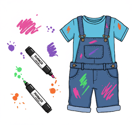 여러가지 색상의 네임펜이 묻은 멜빵바지와 네임펜 두자루