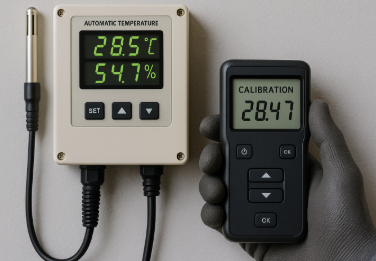 자동 온습도 조절기와 캘리브레이션 장비가 나란히 놓여 있으며, 화면에 온도와 습도 수치가 표시된 모습