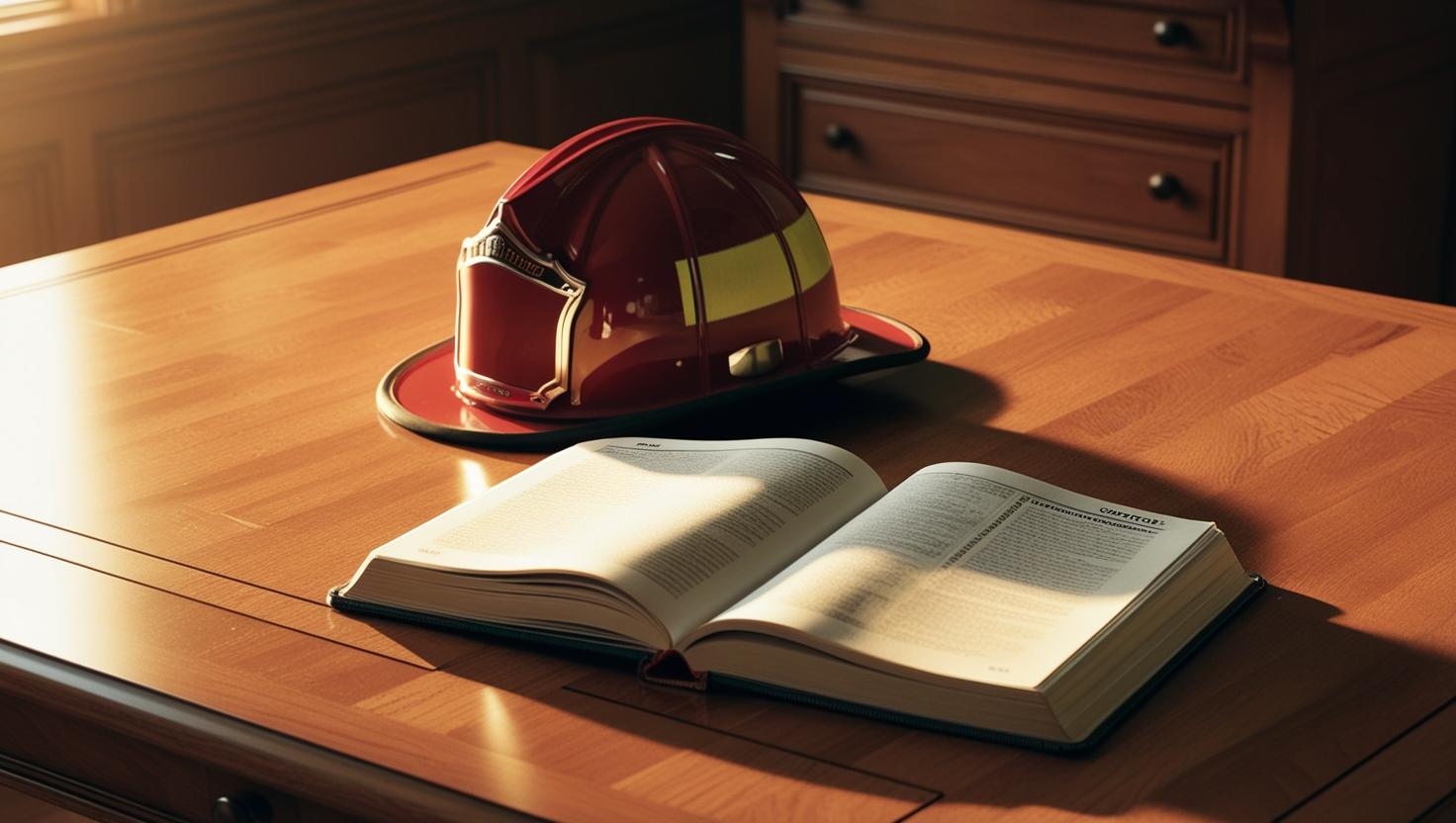 소방자격증 공부를 위한 헬멧과 교재가 놓인 책상