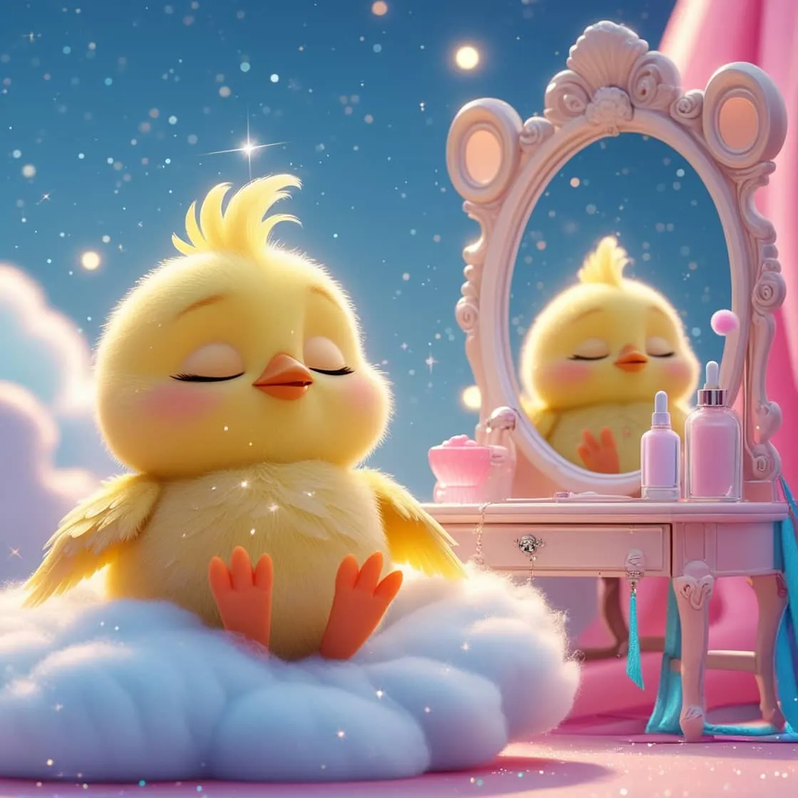 Leonardo AI 로 생성한 예쁜 화장대 옆 구름 모양 푹신한 쇼파 위에 눈을 감고 명상하고 있는 병아리.