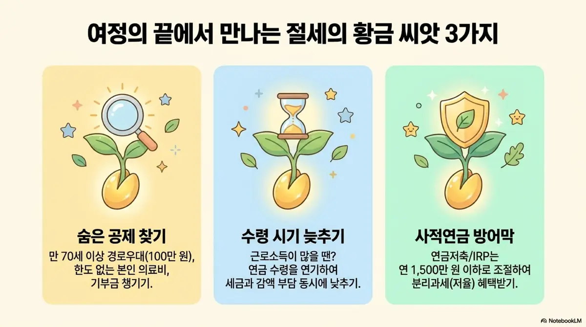 공무원연금 종합소득세: 절세의 황금 씨앗 3가지를 새싹과 열매로 시각화한 이미지. 만 70세 이상 경로우대 100만 원과 한도 없는 본인 의료비 및 기부금 챙기기 그리고 근로소득이 많을 때 연금 수령을 연기하여 세금과 감액 부담을 동시에 낮추기 그리고 연금저축과 개인형퇴직연금을 연 1500만 원 이하로 조절하여 분리과세 저율 혜택 받기를 안내함 