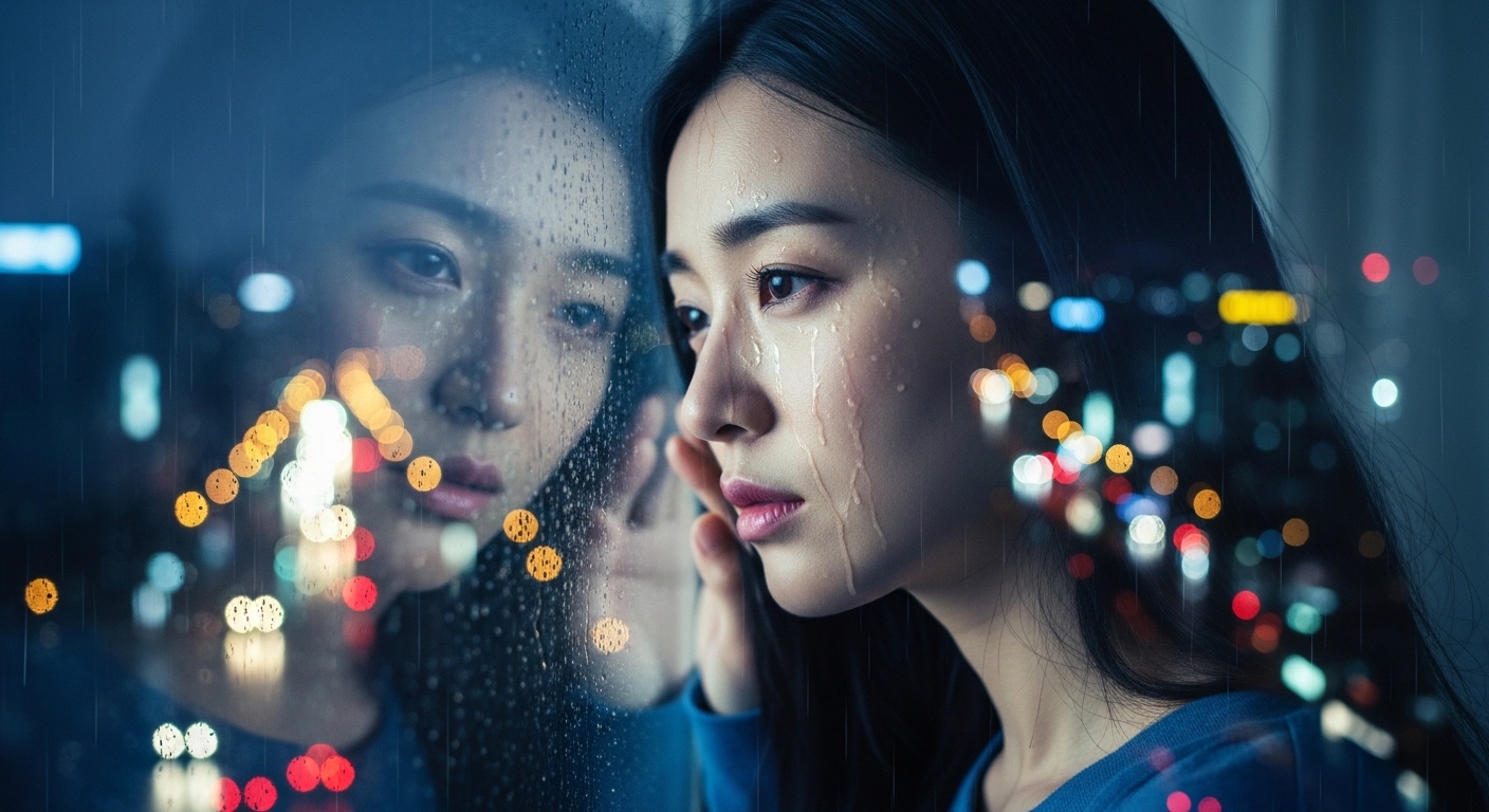 비-내리는-창문에-기대어-앉은-한국인-여성-빗물이-흐르는-유리창-흐릿한-도시