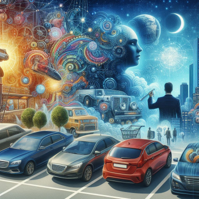 꿈과 현실을 넘나드는 다양한 차량과 우주적 요소가 결합된 이미지