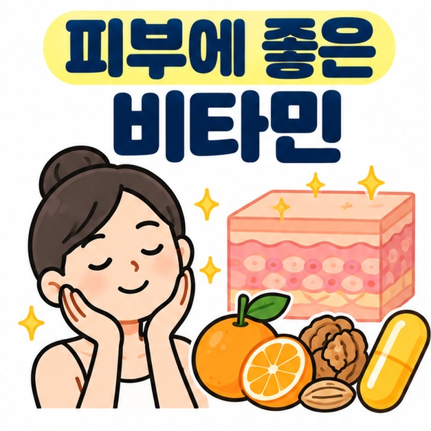 피부에 좋은 비타민 문구와 피부 단면, 오렌지, 견과류, 비타민 캡슐 아이콘을 보여주는 대표 카드