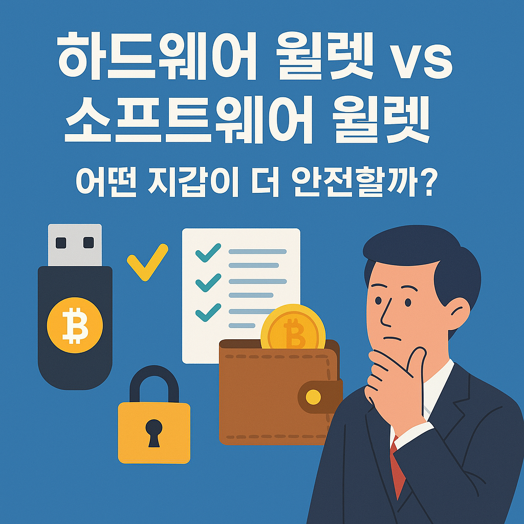 하드웨어 지갑과 소프트웨어 지갑 비교를 주제로 한 일러스트