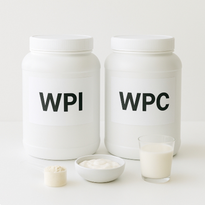 WPI와 WPC 통이 나란히 놓여 원료 타입 비교를 암시한다.