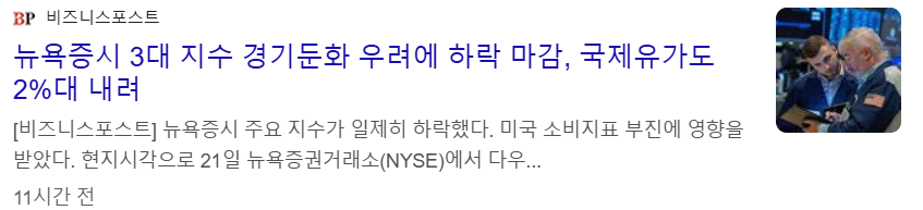 뉴욕3대증시, 경기둔화 신호에 하락 마감 뉴스 기사