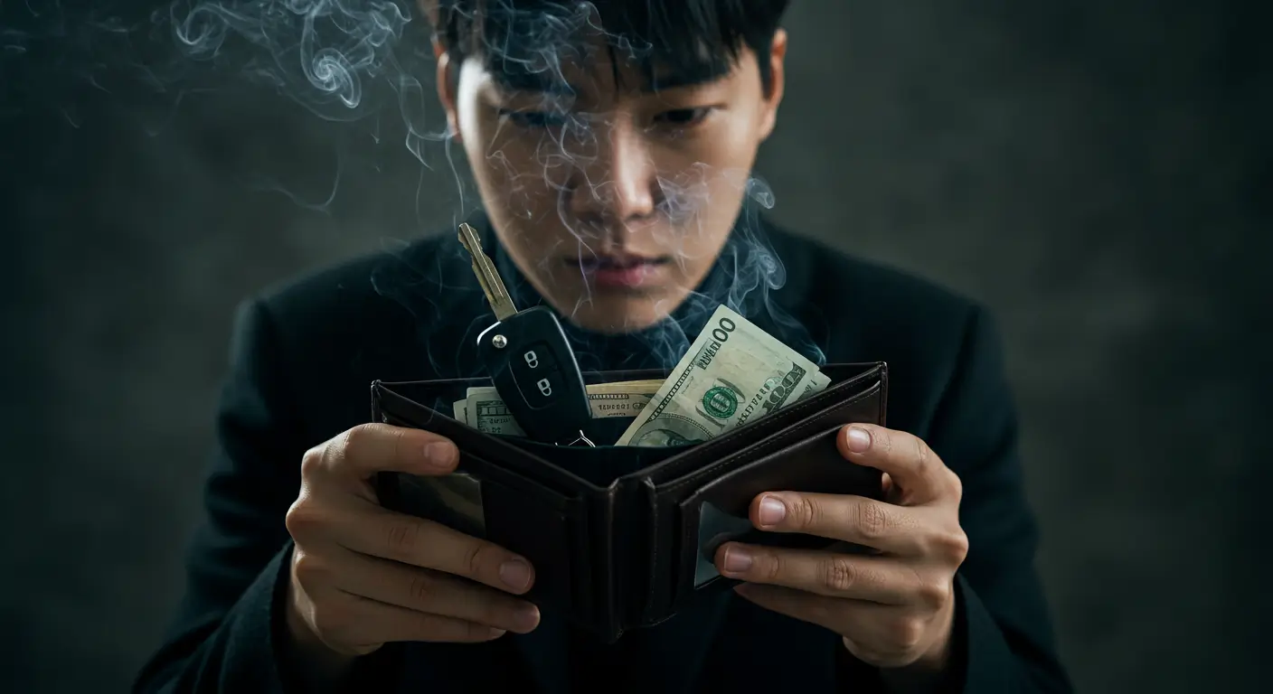 자동차 키가 꽂힌 지갑에서 돈이 연기처럼 사라져, 높은 중고차 할부 이자를 상징하는 모습