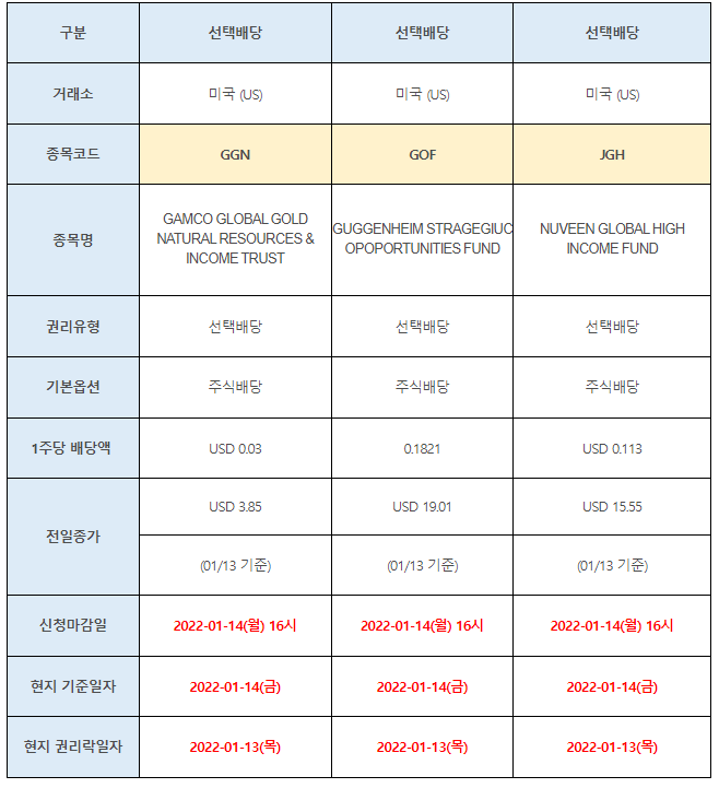 미국주식 선택배당 안내 GGN, GOF, JGH