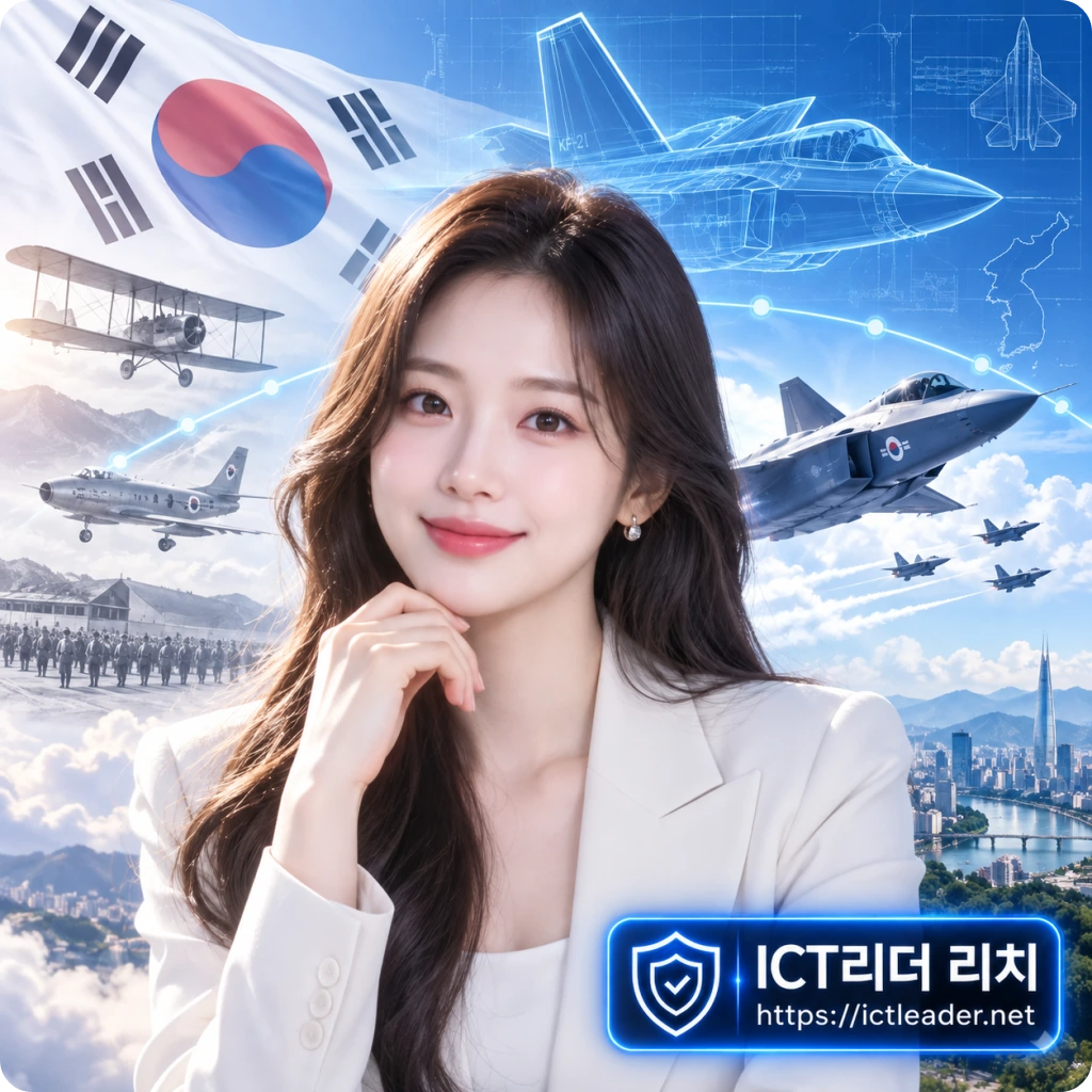 한국 항공기 역사 관련 텍스트없는 대표썸네일 - 태극기와 항공기, KF-21, 서울 배경이 어우러진 티스토리 블로그 대표 이미지