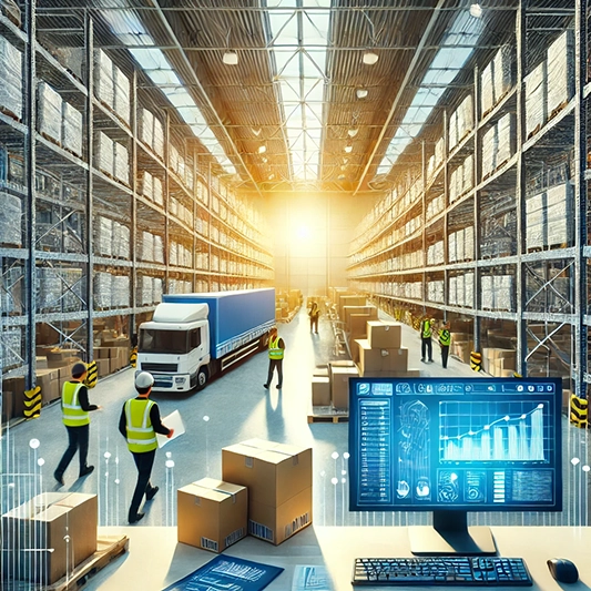 이 이미지는 현대적이고 효율적으로 운영되는 3PL(Third-Party Logistics) 창고의 내부를 밝은 톤으로 실사 스타일로 촬영한 모습입니다. 정리된 선반에는 여러 제품과 박스들이 가득하며, 안전 조끼와 헬멧을 착용한 몇 명의 작업자들이 재고를 관리하고 있습니다. 전경에는 물류 소프트웨어가 표시된 컴퓨터 스테이션이 있어, 체계적이고 역동적인 3PL 운영 환경을 반영하고 있습니다.