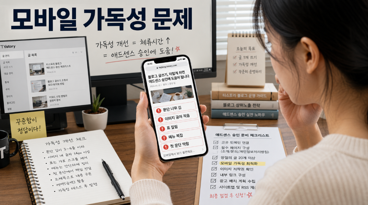 티스토리 모바일 가독성 문제와 승인 전 점검 항목을 확인하는 블로거 이미지