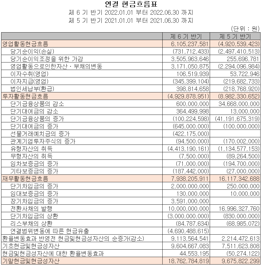 나인테크 - 현금흐름표