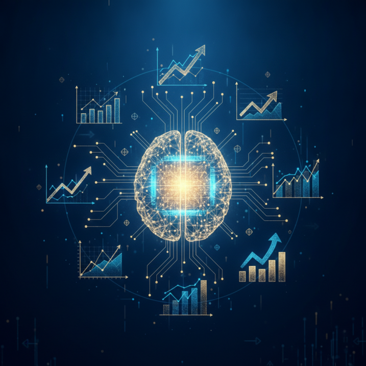 2026년 AI 에이전트 비즈니스 상용화 전략과 성장을 상징하는 미래지향적인 AI 코어와 데이터 노드 디지털 아트