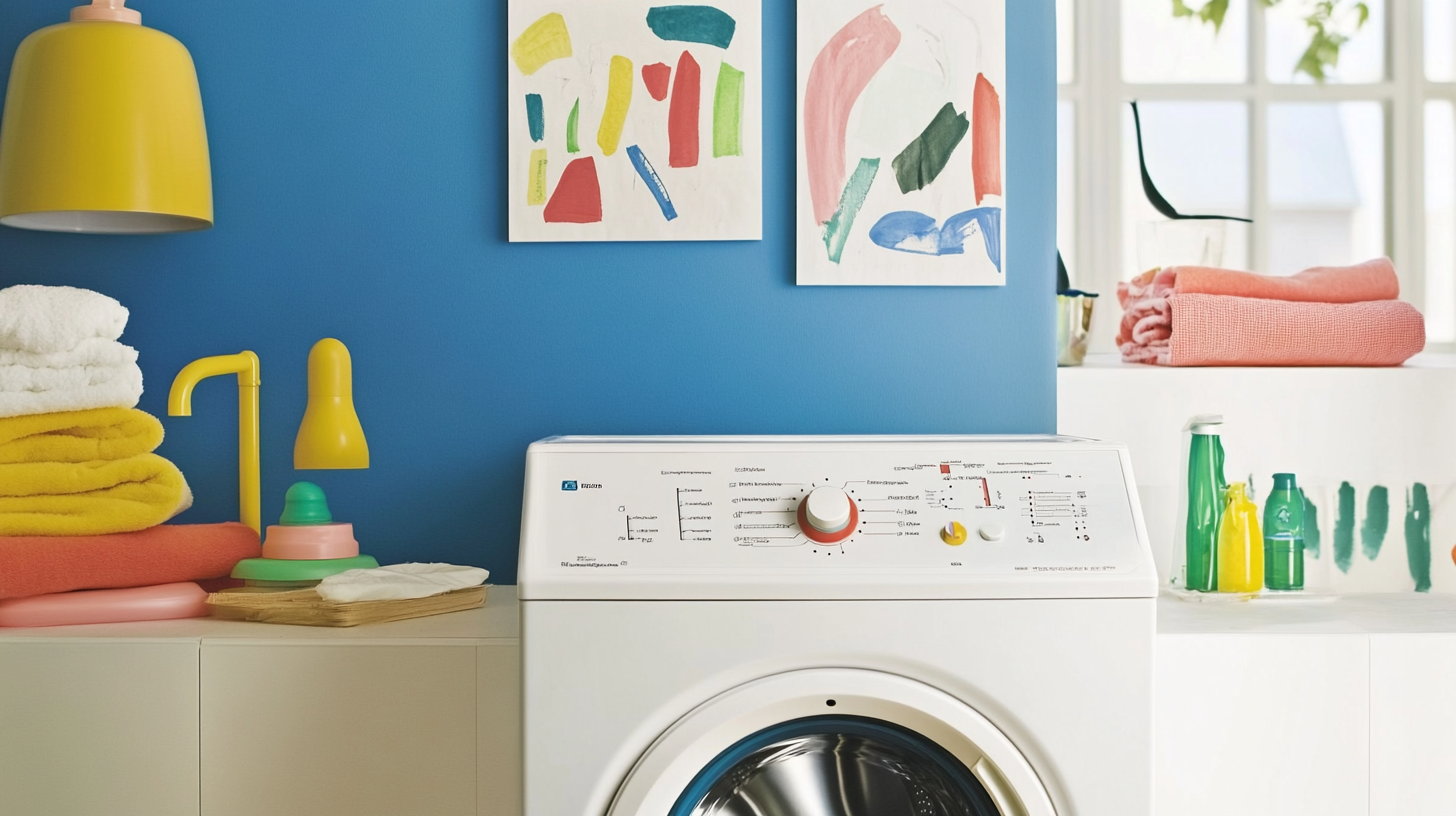 가족 친화적인 교외 집의 세탁실에 있는 하이테크 세탁기로, 효율적이고 편리한 세탁 경험을 제공합니다.