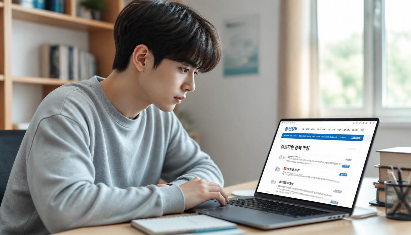 밝고 쾌적한 서재에서 노트북을 켜고 고용24 홈페이지의 국민취업지원제도 자격 요건을 진지하게 확인하고 있는 20대 한국인 남성 취준생의 모습.