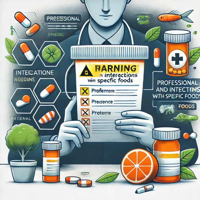 특정 음식과의 상호작용에 대한 경고가 강조된 처방전 라벨을 읽는 사람의 일러스트