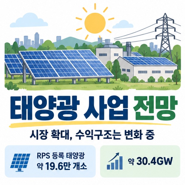 태양광 사업 전망과 태양광 패널, 전력망, 장기계약을 함께 보여주는 이미지