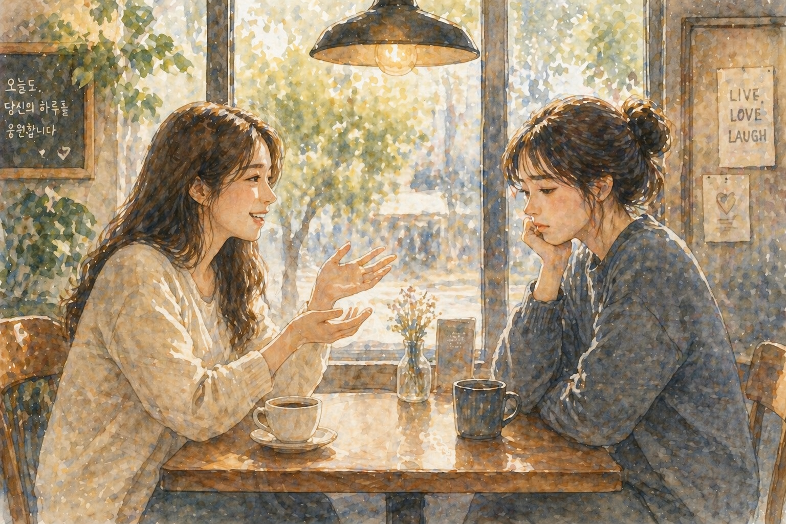 카페에서 대화하는 두 사람 중 한 명은 웃고 다른 한 명은 쓸쓸한 표정을 짓는 수채화 일러스트, 인간관계에서 감정 불균형과 부담을 표현한 이미지