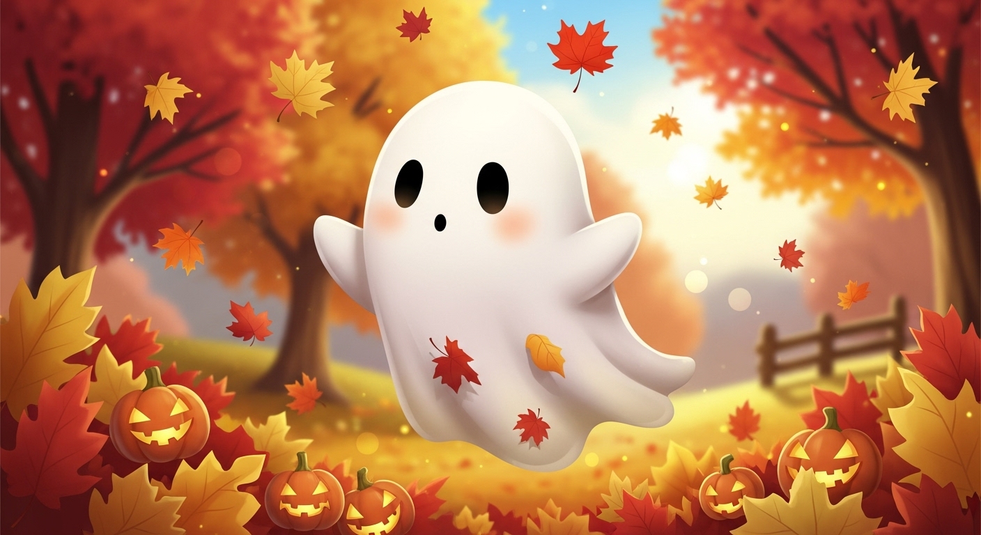 가을 잎과 호박등 사이를 떠다니는 친근하고 익살스러운 만화 유령.