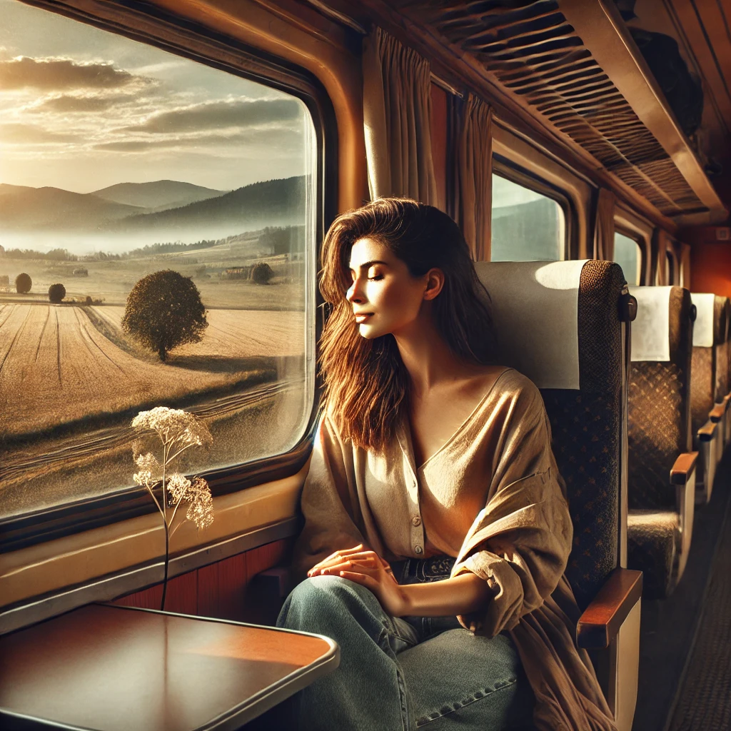 여성 혼자 기차타고 여행하는 사진