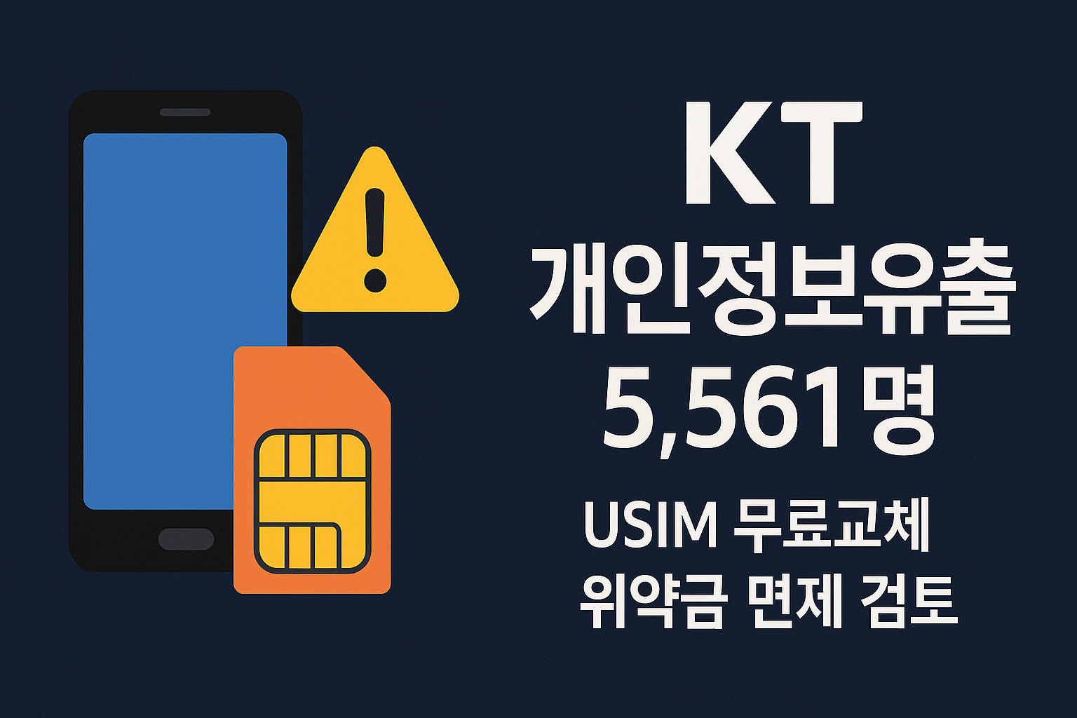 남색 배경 왼쪽에 스마트폰·경고표지·USIM 카드 아이콘이 보이고, 오른쪽 안전 여백에 ‘KT 개인정보유출 5,561명 / USIM 무료교체 · 위약금 면제 검토’ 문구가 또렷하게 배치된 평면 일러스트형 뉴스 썸네일