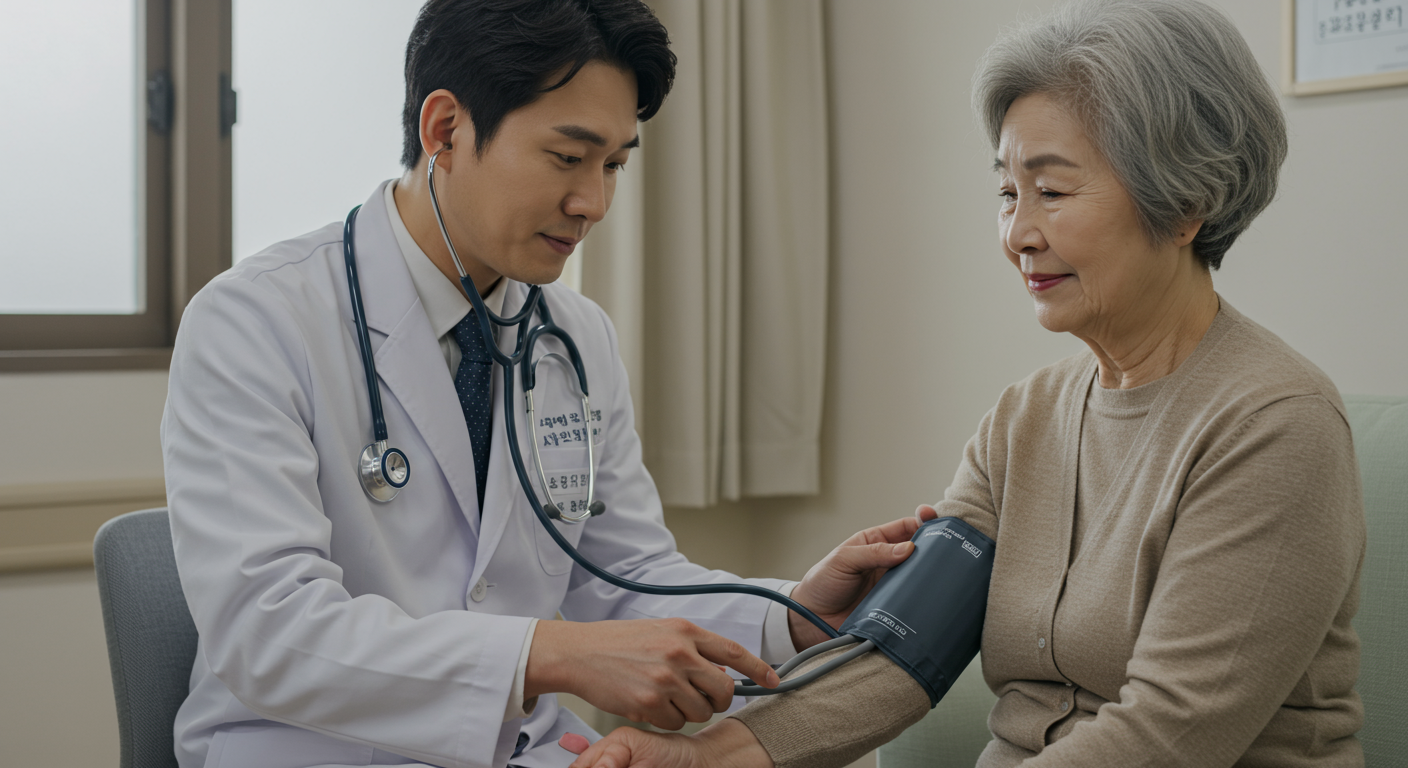 혈압을 재고 있는 의사와 환자