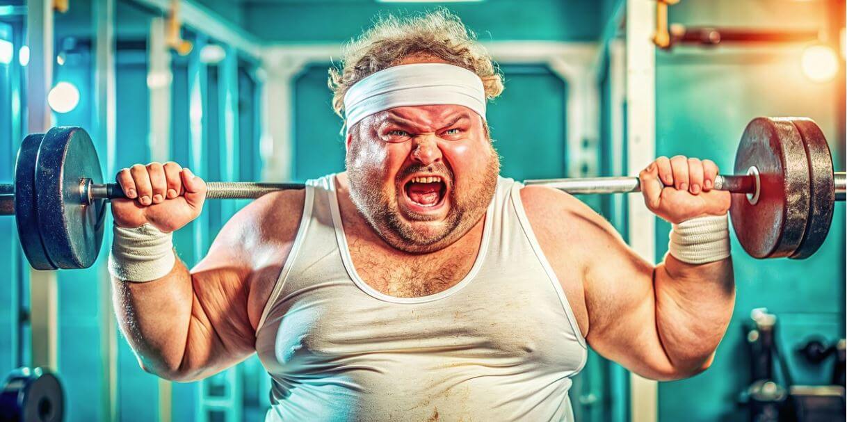 헬스장에서 역기를 들고 소리 지르며 운동하는 남성