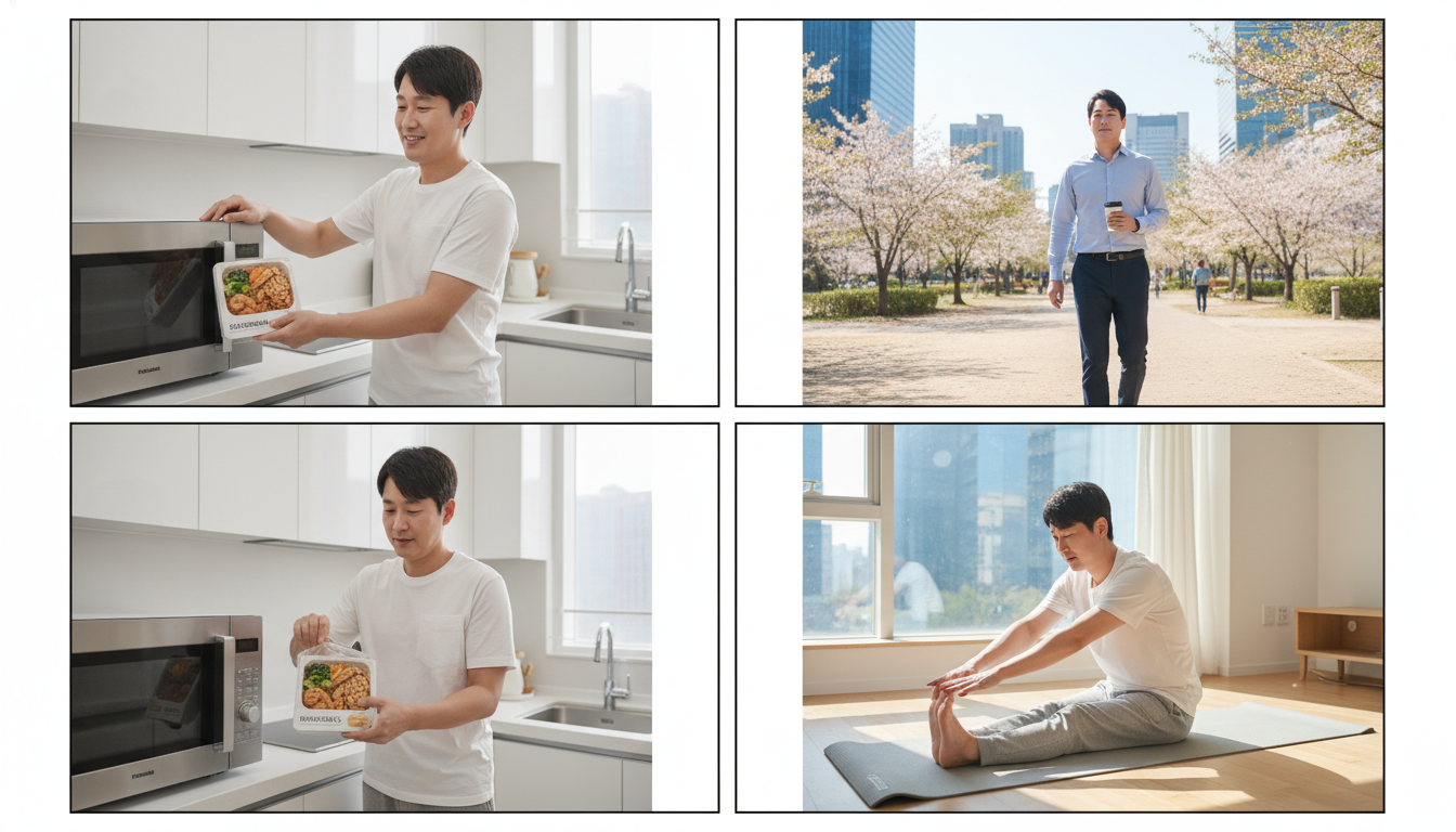 랭킹닭컴 식단과 함께 지속 가능한 건강 습관을 유지하는 한국인 직장 남성.