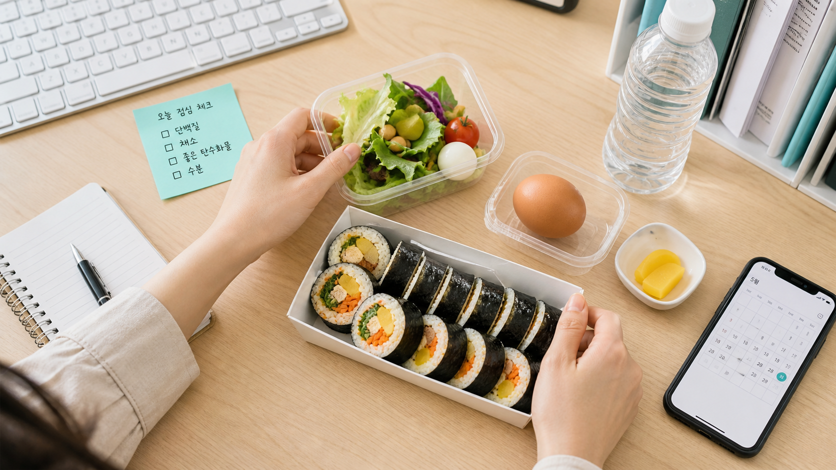 김밥, 달걀, 샐러드와 생수를 함께 둔 책상