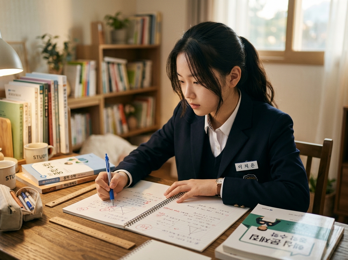 수학 오답노트를 다시 확인하며 풀이 과정을 점검하는 한국 학생