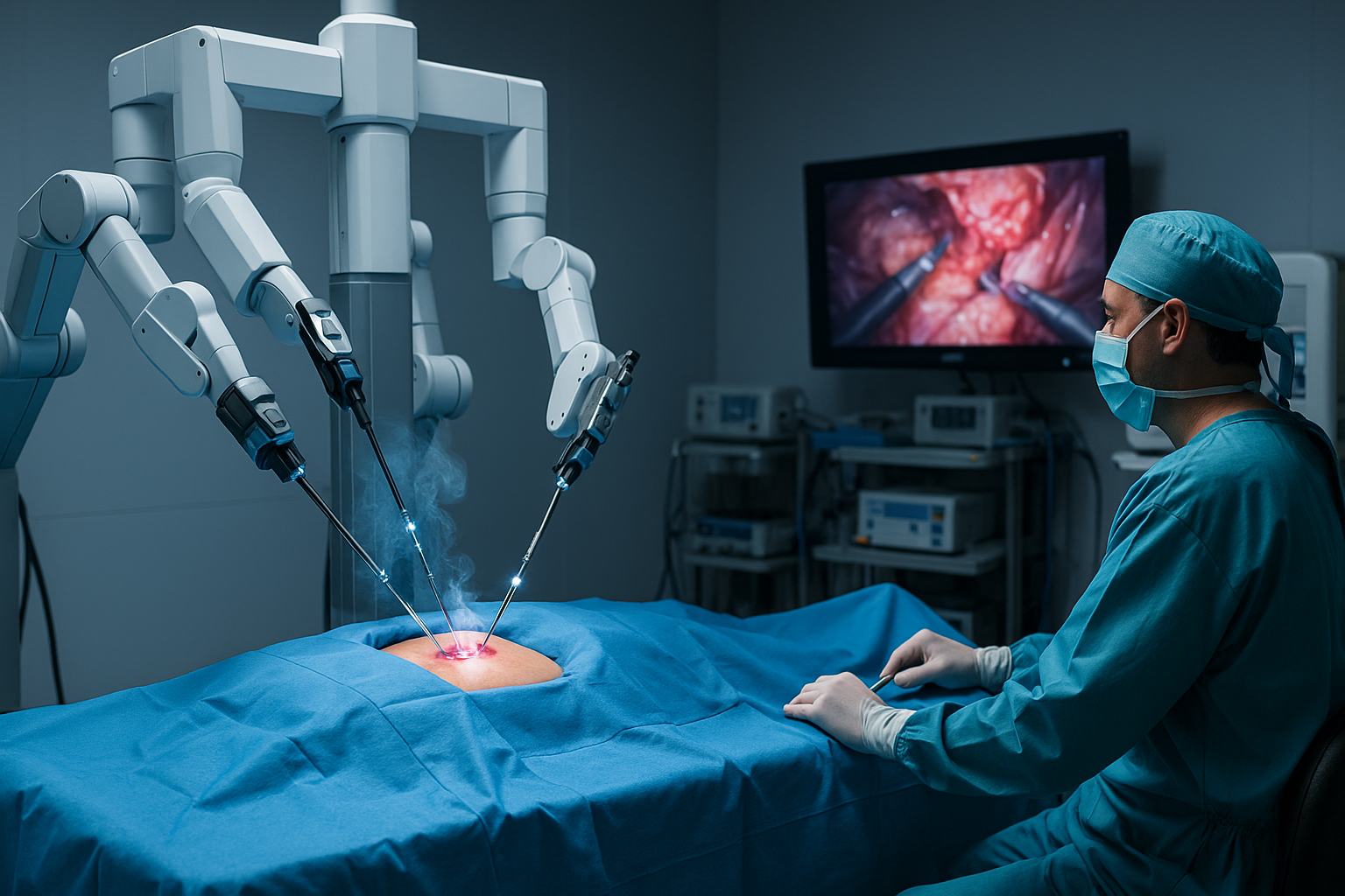 외과 의사가 로봇 수술 장비를 사용하여 환자의 복부 수술을 진행하는 모습, 모니터에 내시경 영상이 표시됨