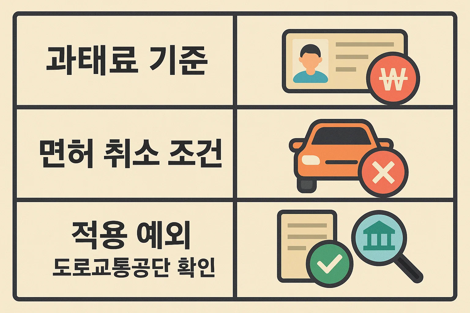 과태료 기준, 면허 취소 조건, 도로교통공단 확인 절차 등 운전면허 갱신기간 초과 시 취해야 할 대응 방법을 정리한 인포그래픽. 실질적인 행정 대응 절차를 안내하는 이미지.