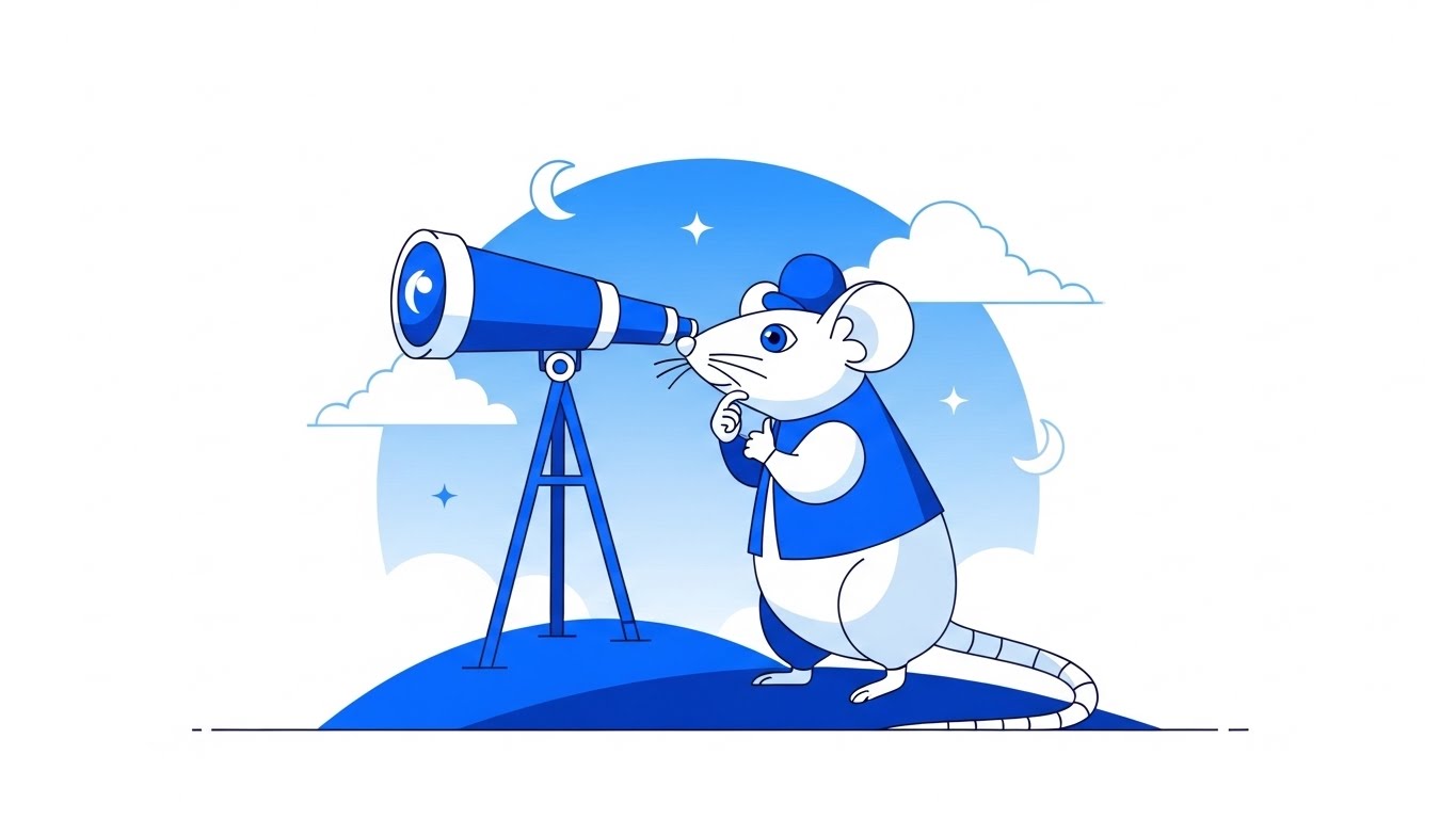 망원경으로 하늘을 보며 미래를 구상하는 쥐띠 캐릭터 일러스트