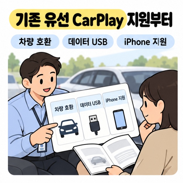 기존 유선 CarPlay 지원 안내 아래 상담자가 차량 호환과 데이터 USB 및 iPhone 지원 항목을 설명하고 사용자가 차량 안내서를 보는 모습