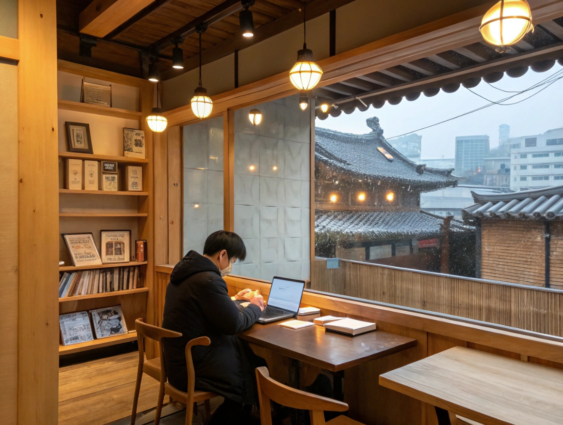 한옥카페에 앉아 공무원 시험준비 중인 남자