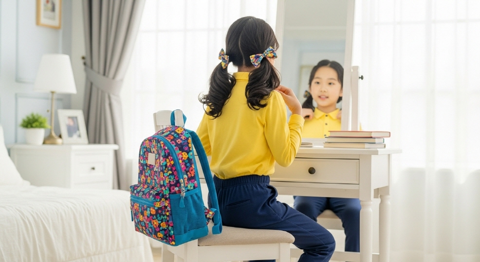 새 옷을 입고 등교 준비하는 소녀