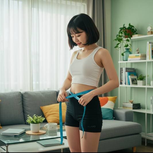 허리 사이즈 재보는 여성 사진