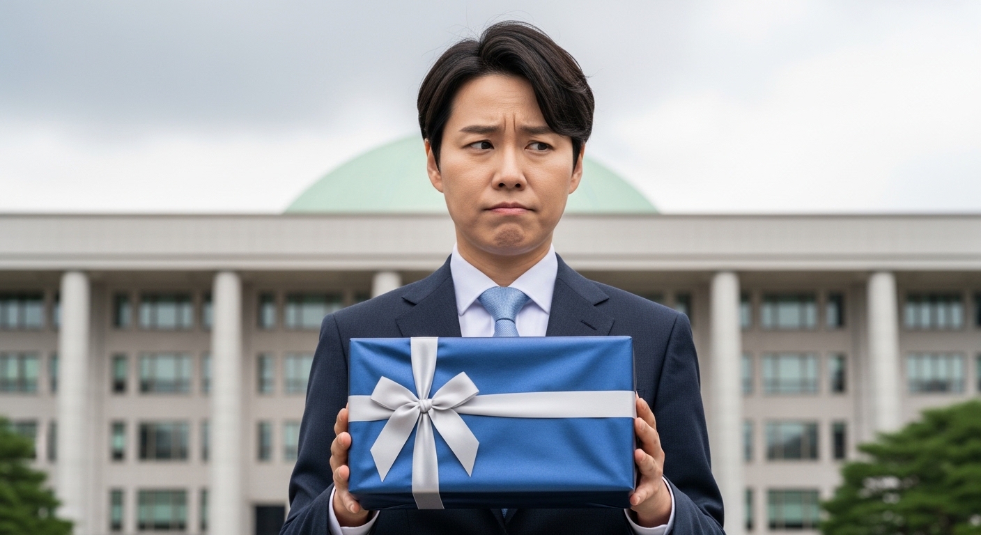 공직자 선물의 복잡한 규정을 상징하는, 선물 상자를 들고 고민하는 사람과 배경의 정부 청사.
